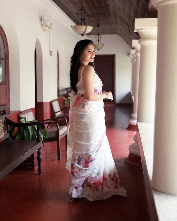 Elegant Floral Print Saree with Lace Border – Summer Festive Look