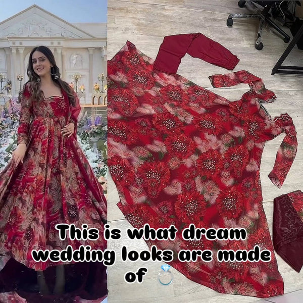 Red Floral Anarkali Suit with Dupatta for Wedding & Reception Wear