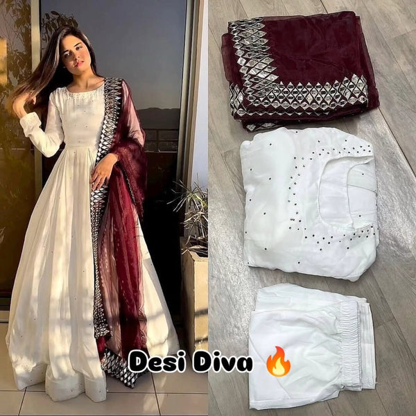 White Anarkali Suit with Wine Dupatta for Wedding & Festive Wear