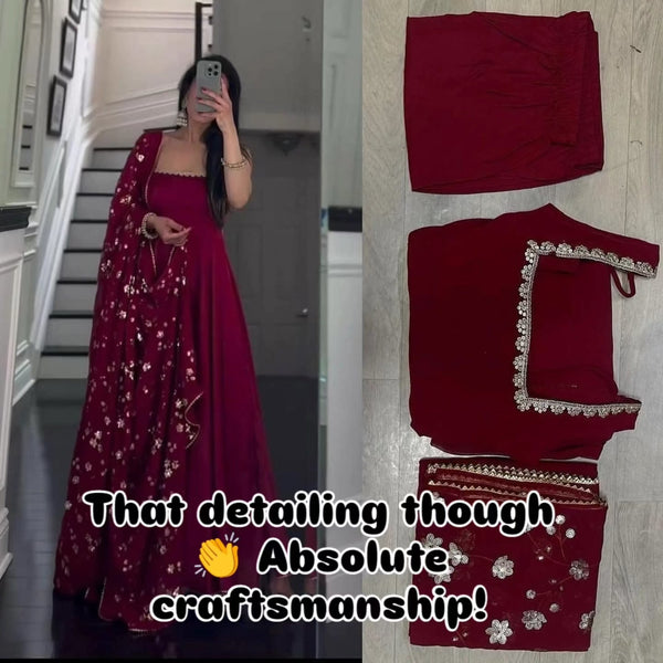 Wine Red Anarkali Suit with Embroidered Dupatta for Festive Wear