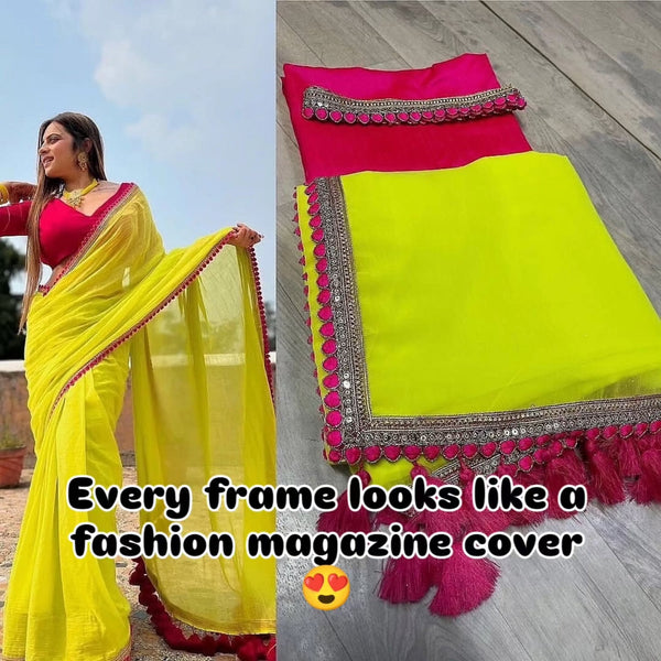 Yellow Saree with Pink Blouse for Wedding & Party Wear