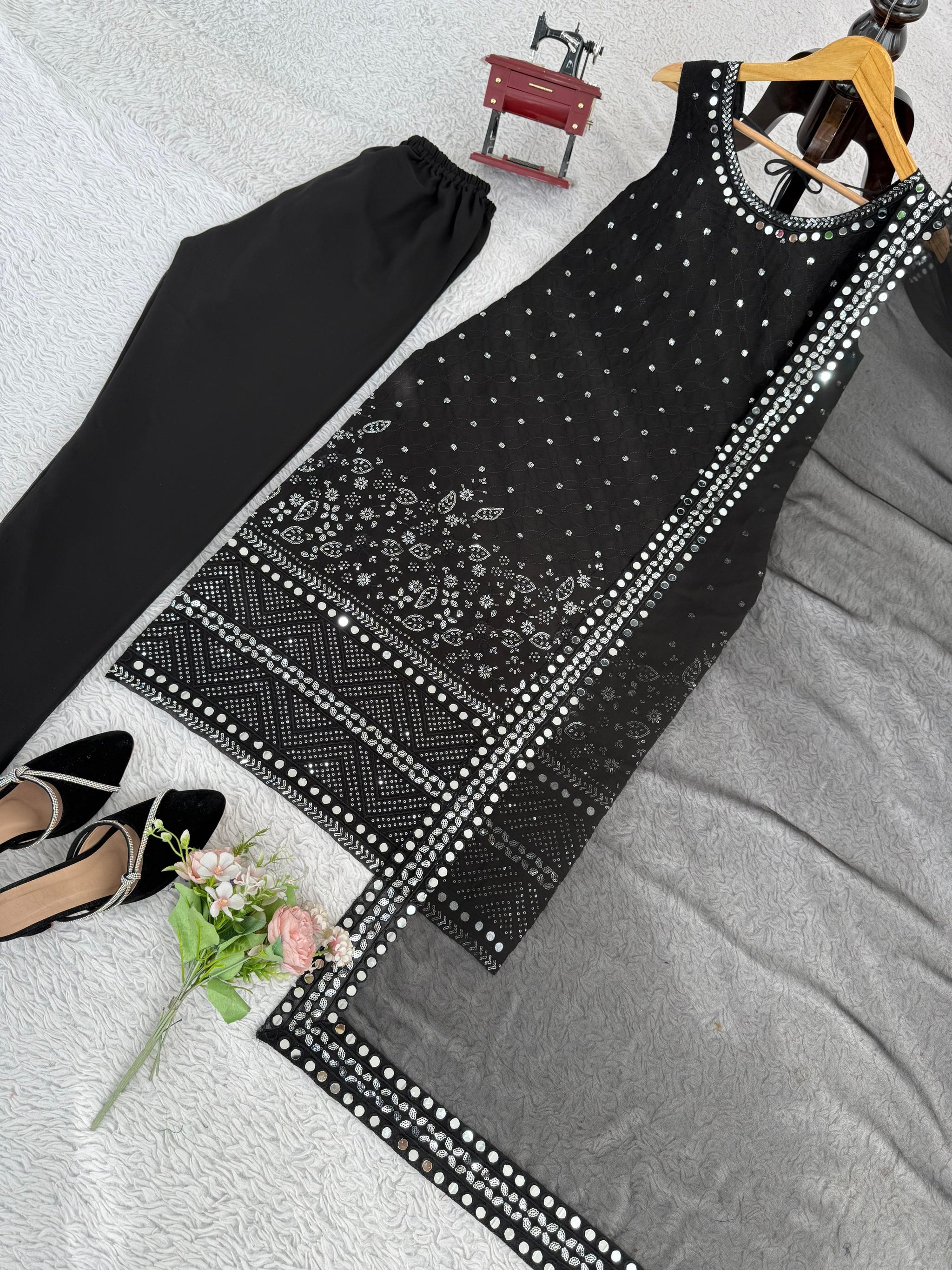 Designer Georgette Suit Set with Real Mirror Work – Elegant 3-Piece Outfit