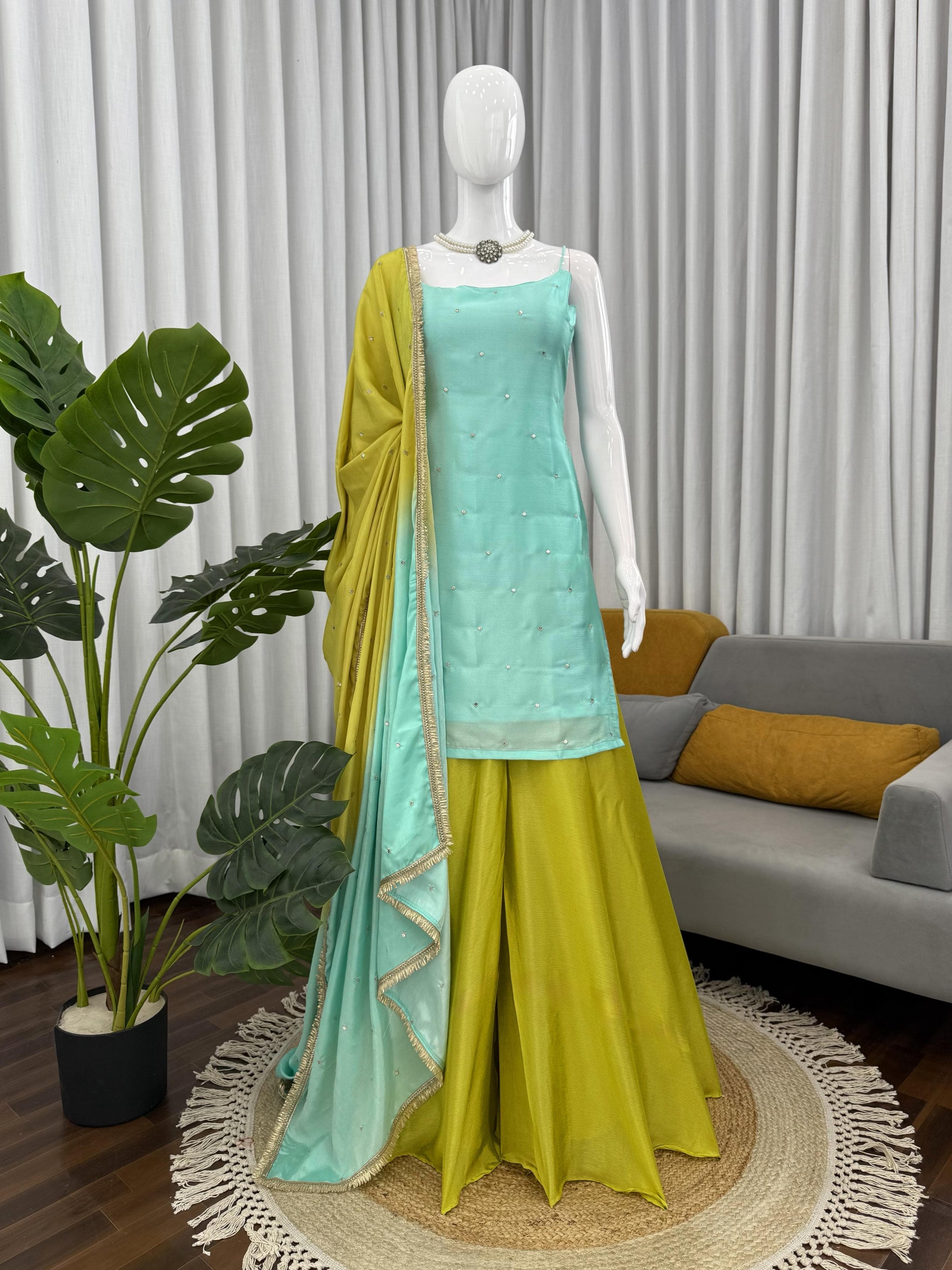 Elegant Chinon Silk Suit Set with Plazo & Dupatta – Party Wear Collection