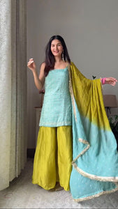 Elegant Chinon Silk Suit Set with Plazo & Dupatta – Party Wear Collection