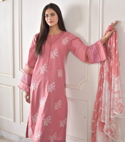 Embroidered Suit Set with Stylish Sleeves and Printed Dupatta
