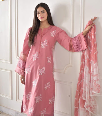 Embroidered Suit Set with Stylish Sleeves and Printed Dupatta
