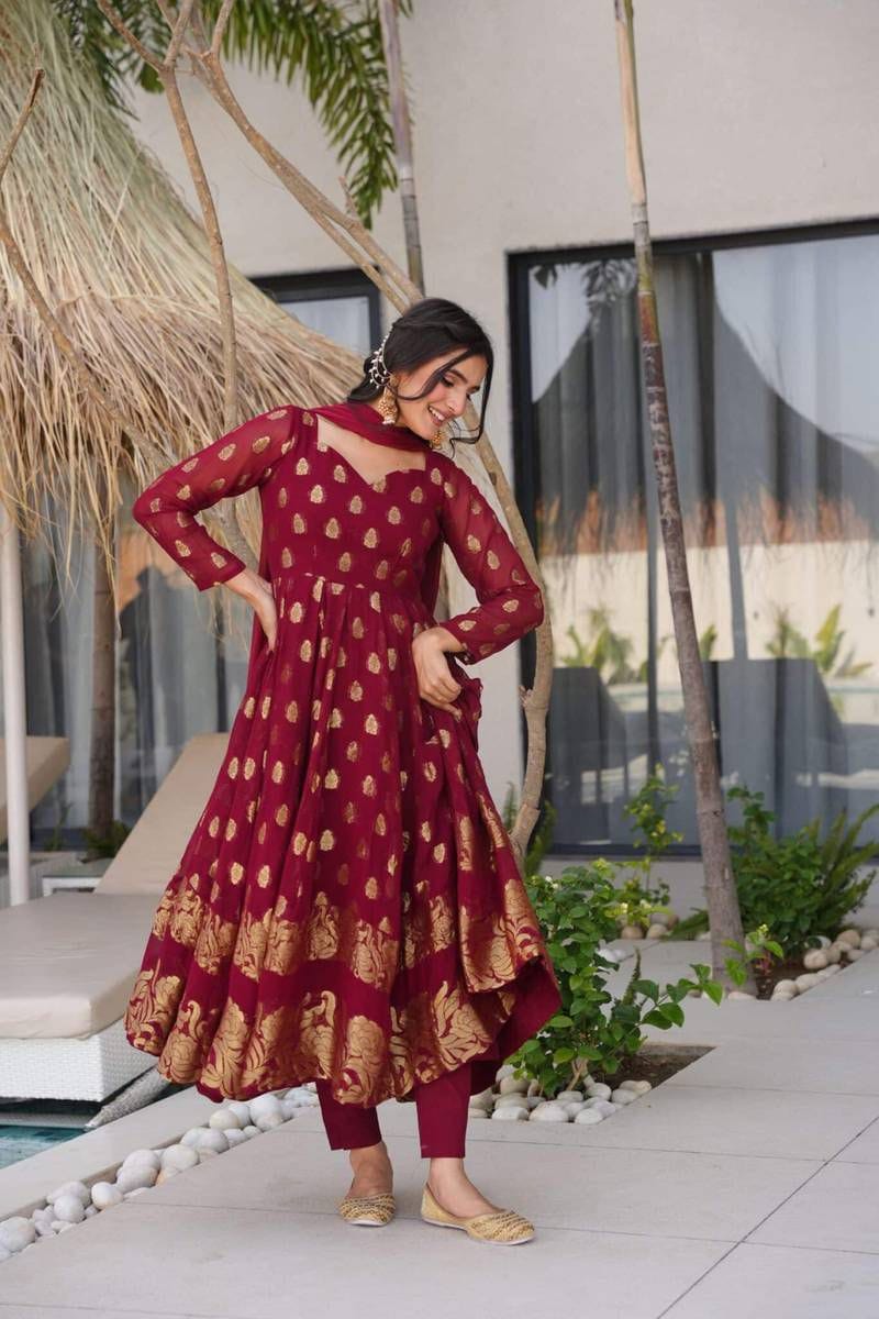 Jacquard Anarkali Suit with Dupatta – Elegant 3-Piece Ethnic Set