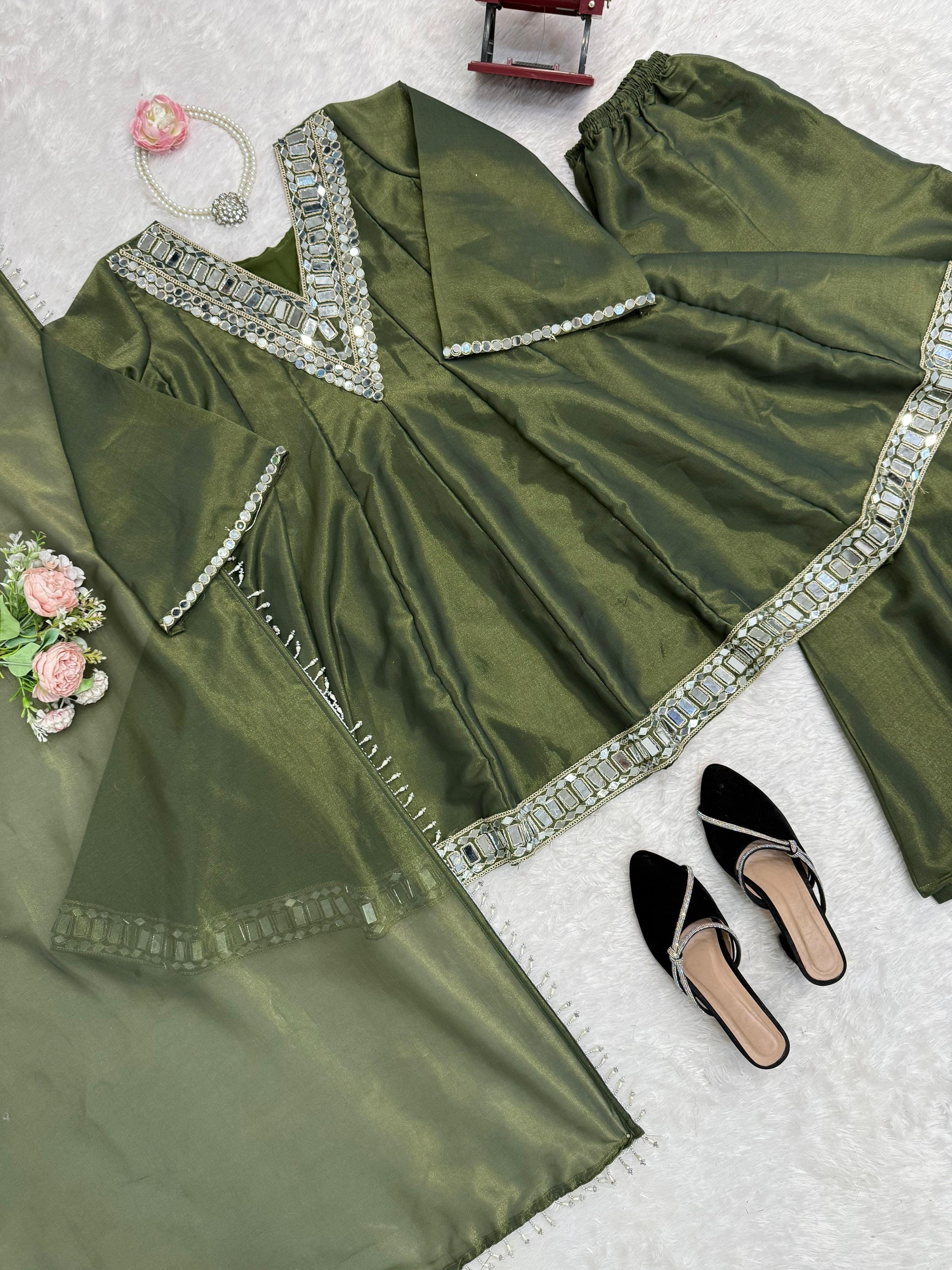 Lime Cream Real-Mirror Work Plazo Set for Festive Wear