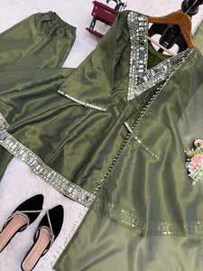 Lime Cream Real-Mirror Work Plazo Set for Festive Wear