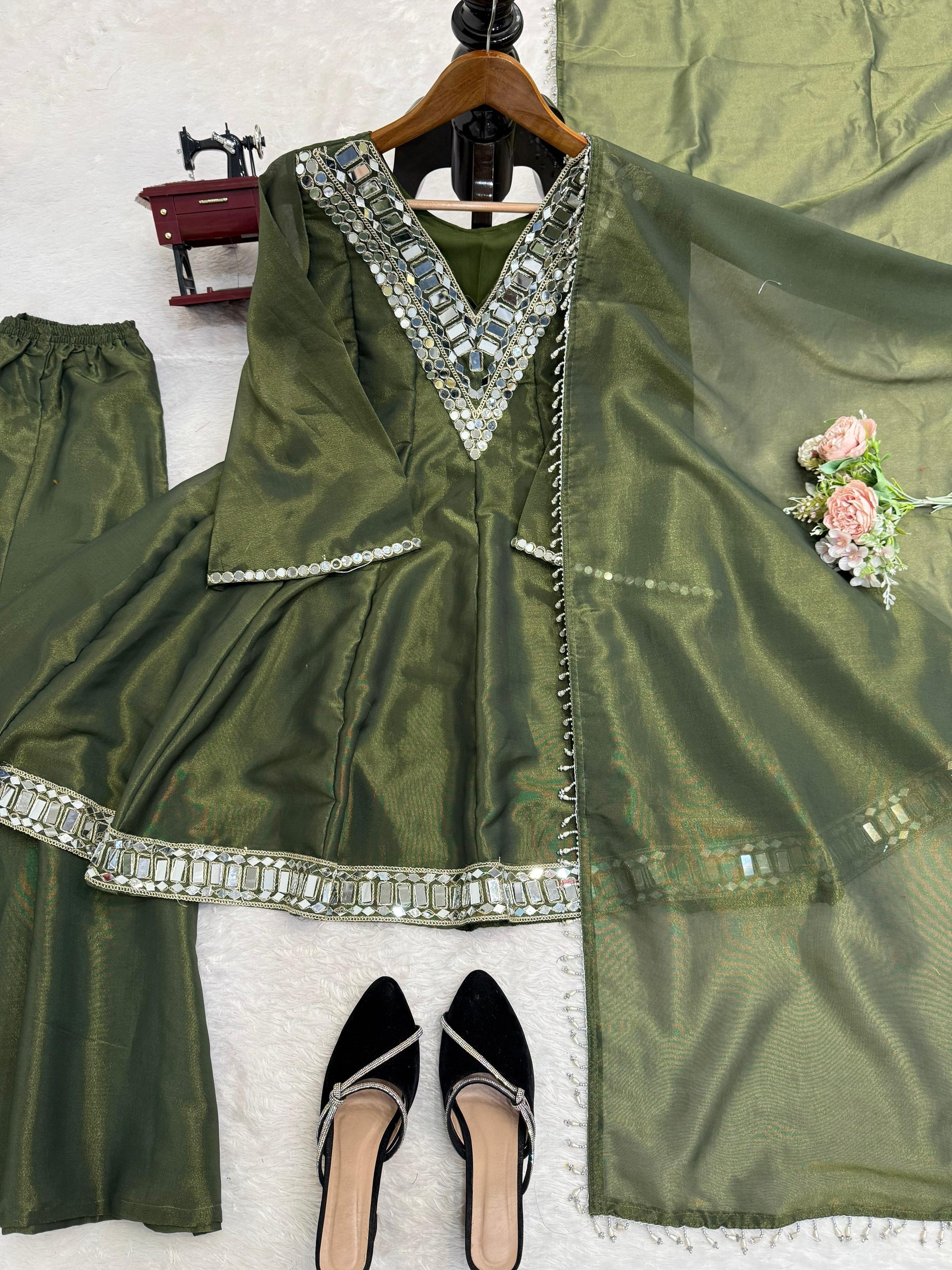 Lime Cream Real-Mirror Work Plazo Set for Festive Wear