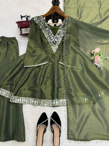 Lime Cream Real-Mirror Work Plazo Set for Festive Wear