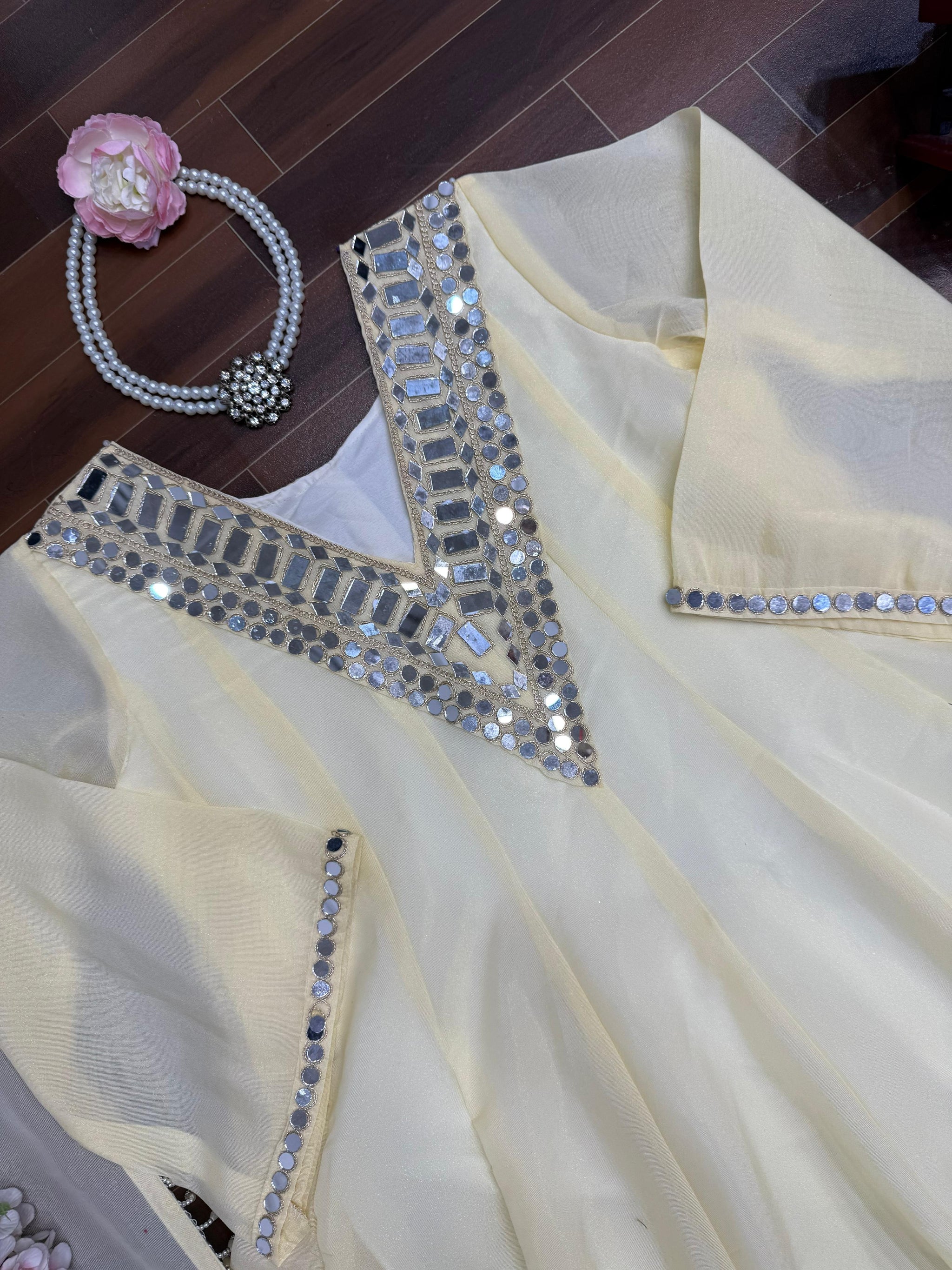 Lime Cream Real-Mirror Work Plazo Set for Festive Wear