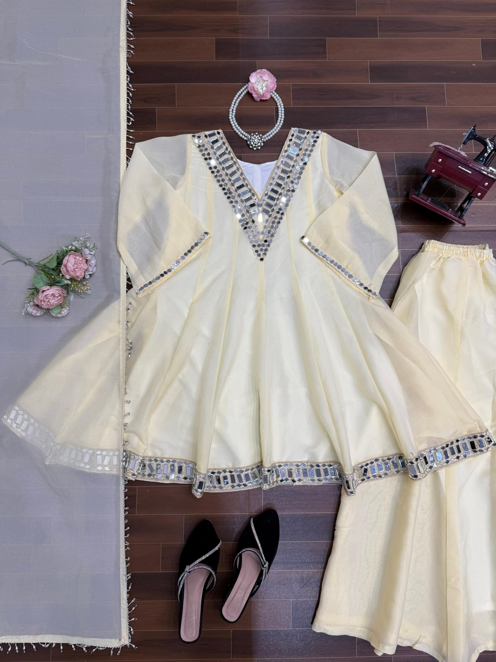 Lime Cream Real-Mirror Work Plazo Set for Festive Wear