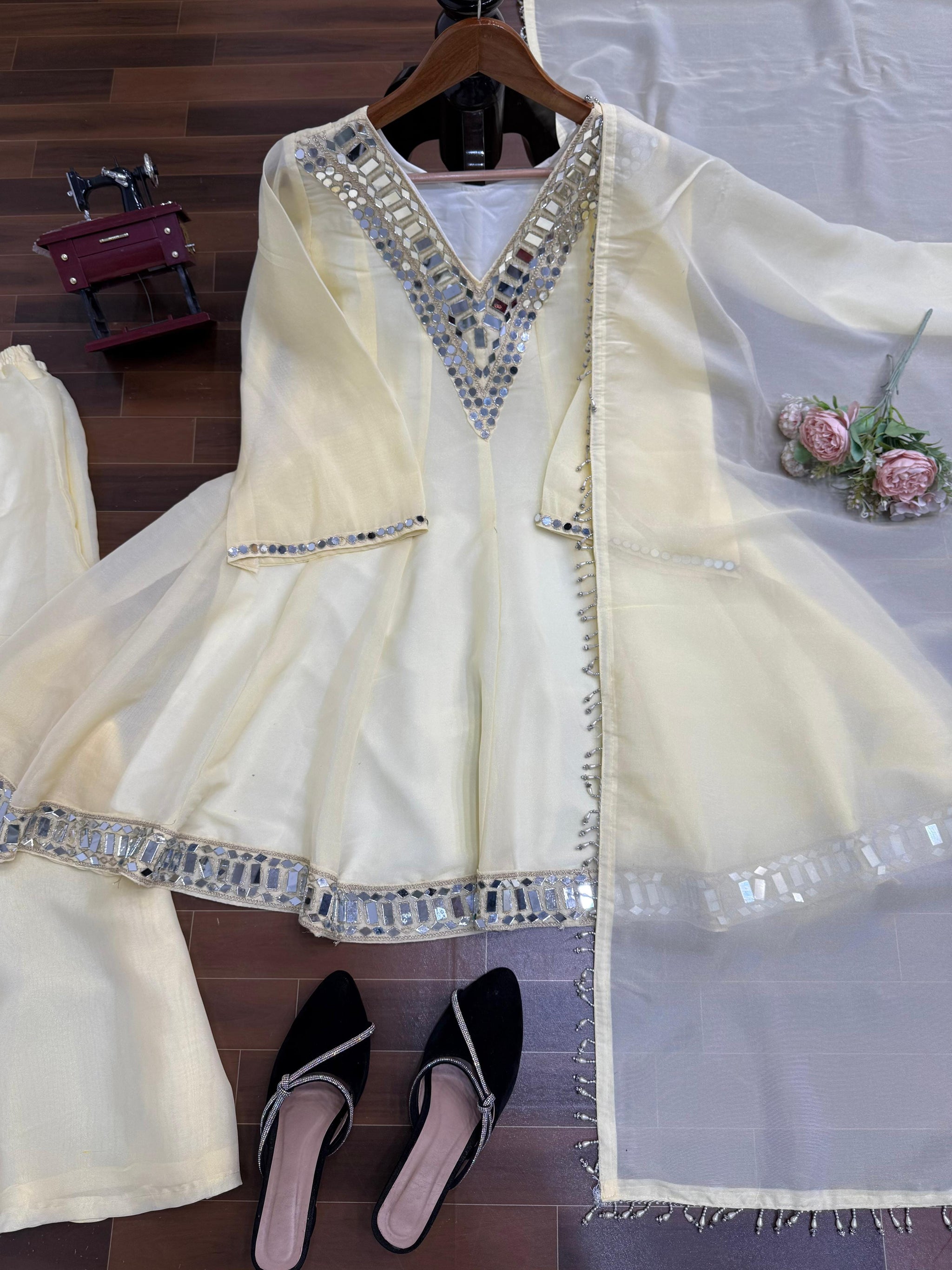 Lime Cream Real-Mirror Work Plazo Set for Festive Wear