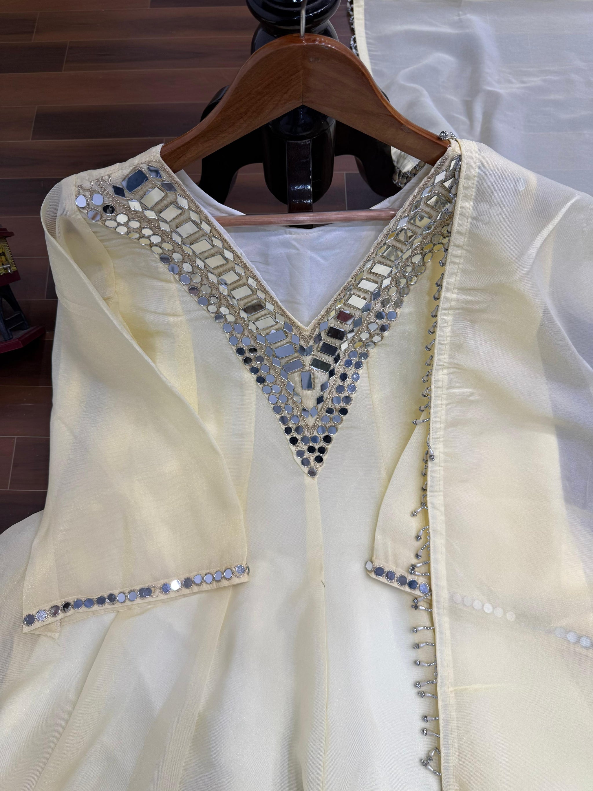 Lime Cream Real-Mirror Work Plazo Set for Festive Wear