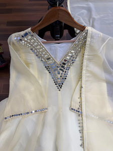 Lime Cream Real-Mirror Work Plazo Set for Festive Wear