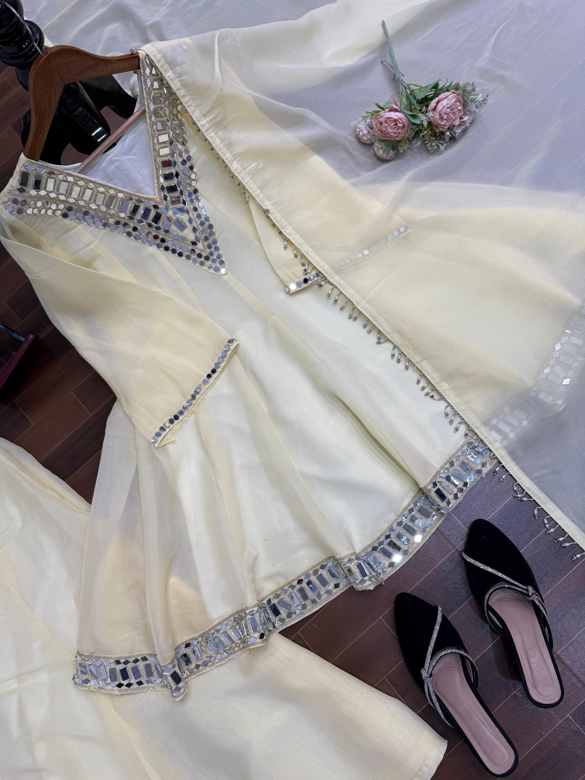 Lime Cream Real-Mirror Work Plazo Set for Festive Wear