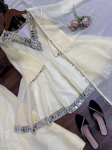 Lime Cream Real-Mirror Work Plazo Set for Festive Wear