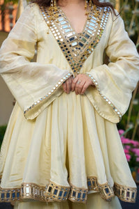 Lime Cream Real-Mirror Work Plazo Set for Festive Wear