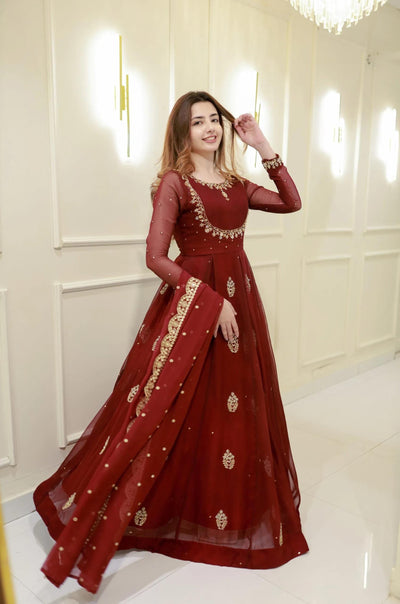 Maroon Designer Gown with Golden Embroidery & Dupatta