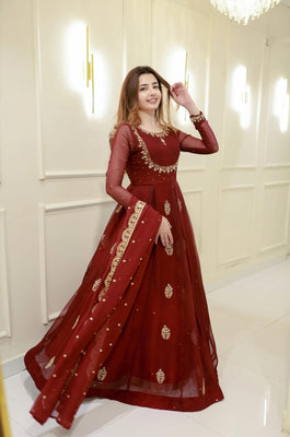 Maroon Designer Gown with Golden Embroidery & Dupatta