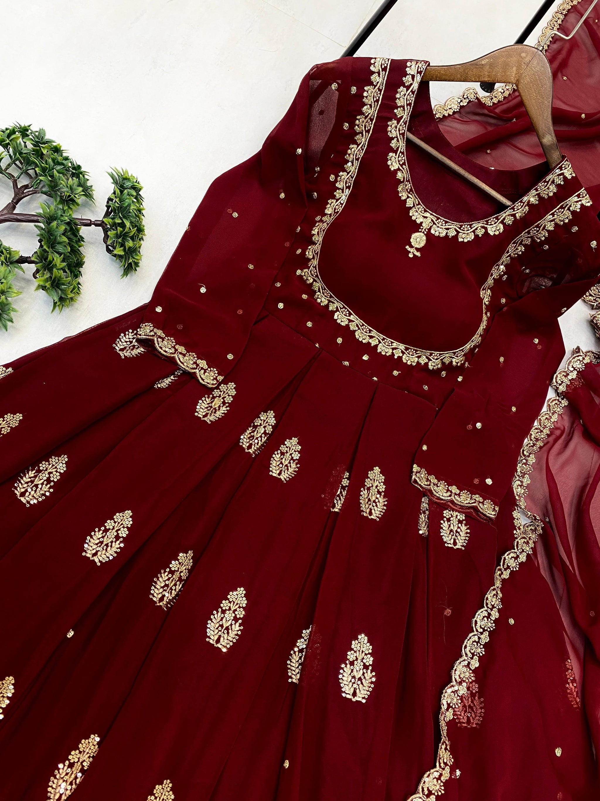 Maroon Designer Gown with Golden Embroidery & Dupatta