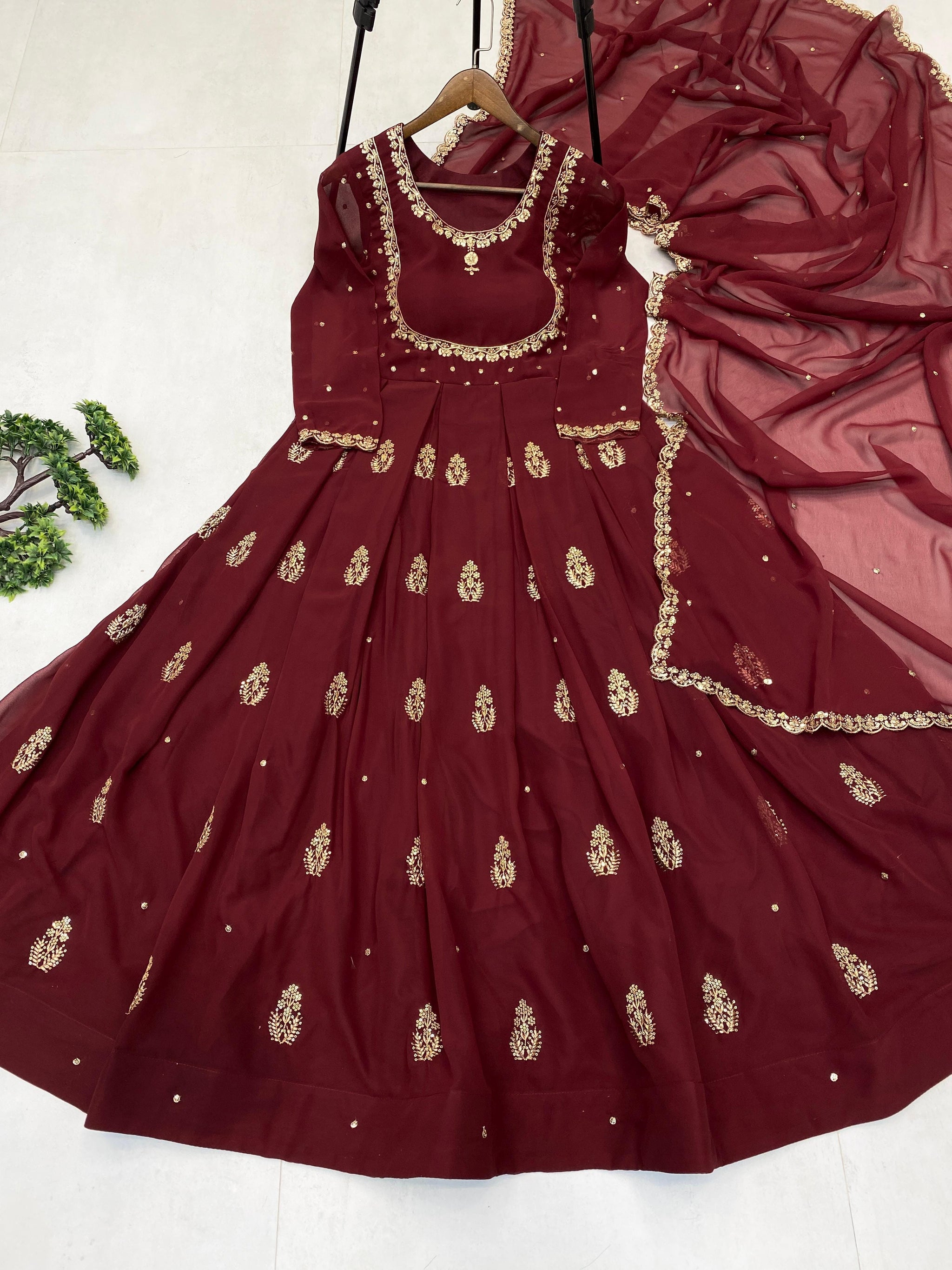 Maroon Designer Gown with Golden Embroidery & Dupatta