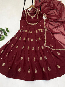 Maroon Designer Gown with Golden Embroidery & Dupatta