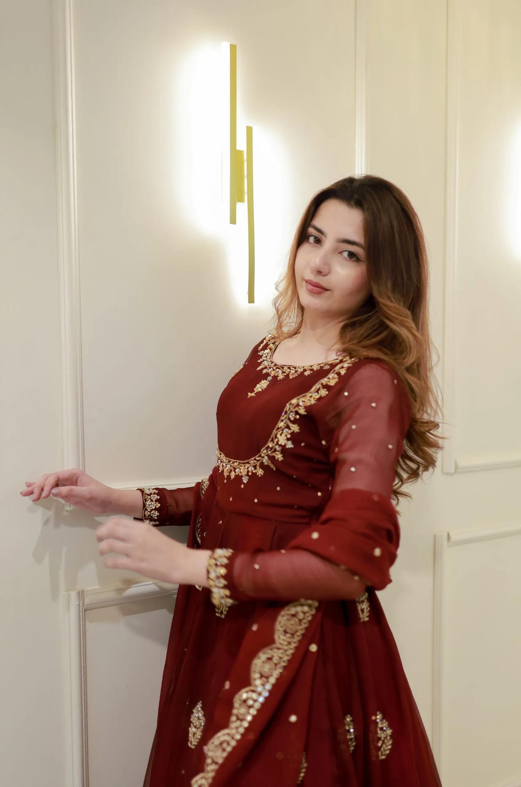 Maroon Designer Gown with Golden Embroidery & Dupatta