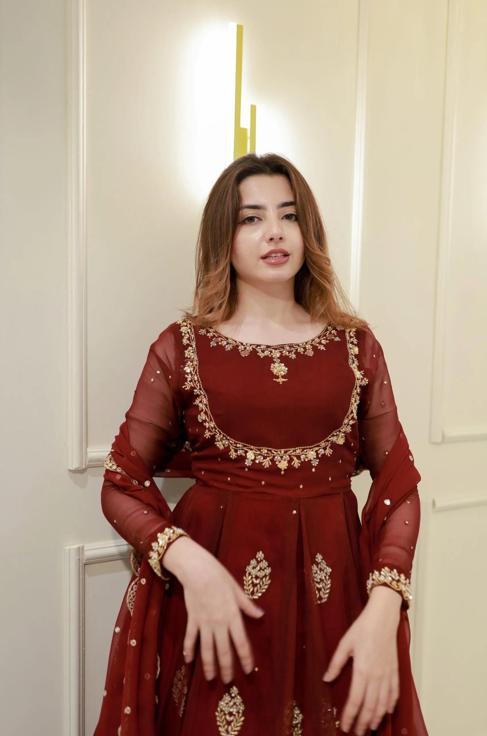 Maroon Designer Gown with Golden Embroidery & Dupatta