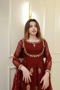 Maroon Designer Gown with Golden Embroidery & Dupatta