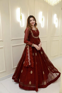 Maroon Designer Gown with Golden Embroidery & Dupatta