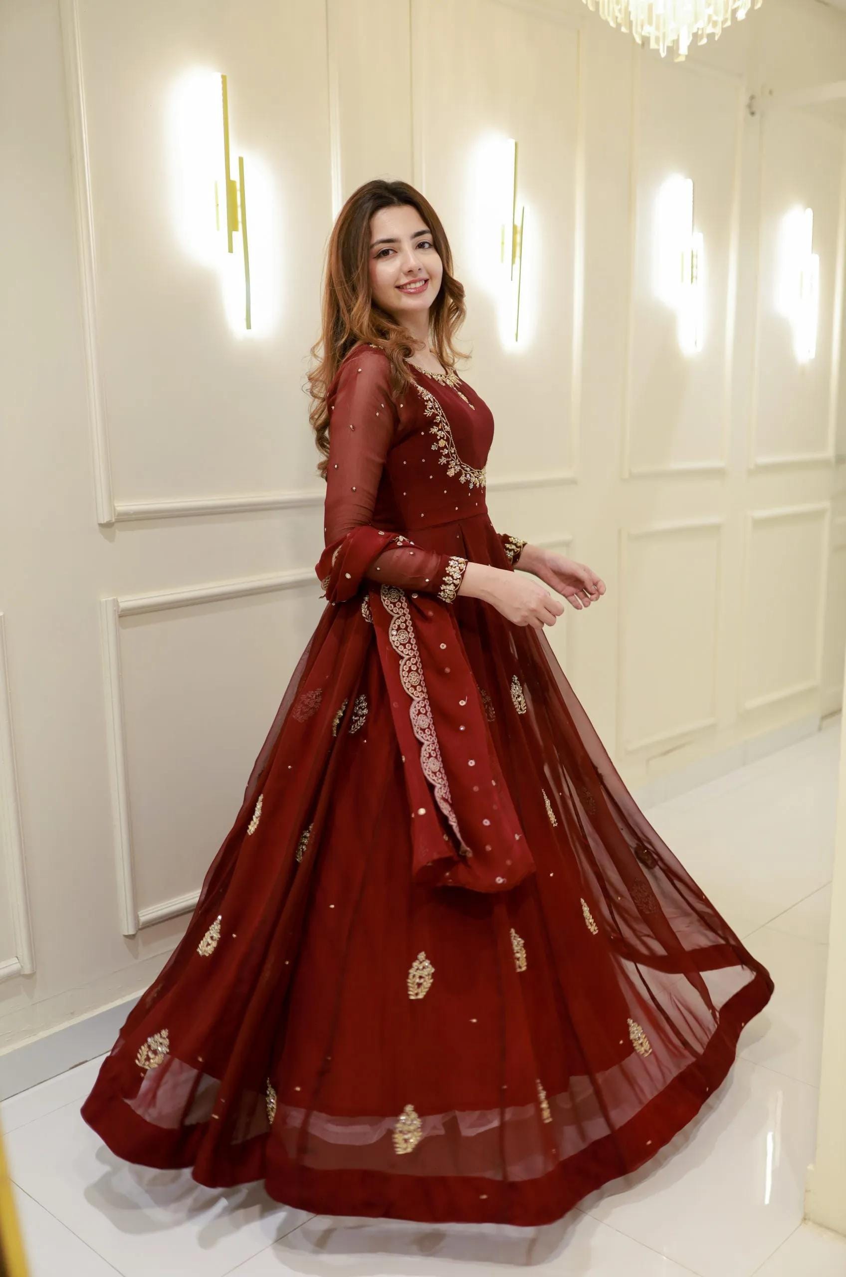Maroon Designer Gown with Golden Embroidery & Dupatta