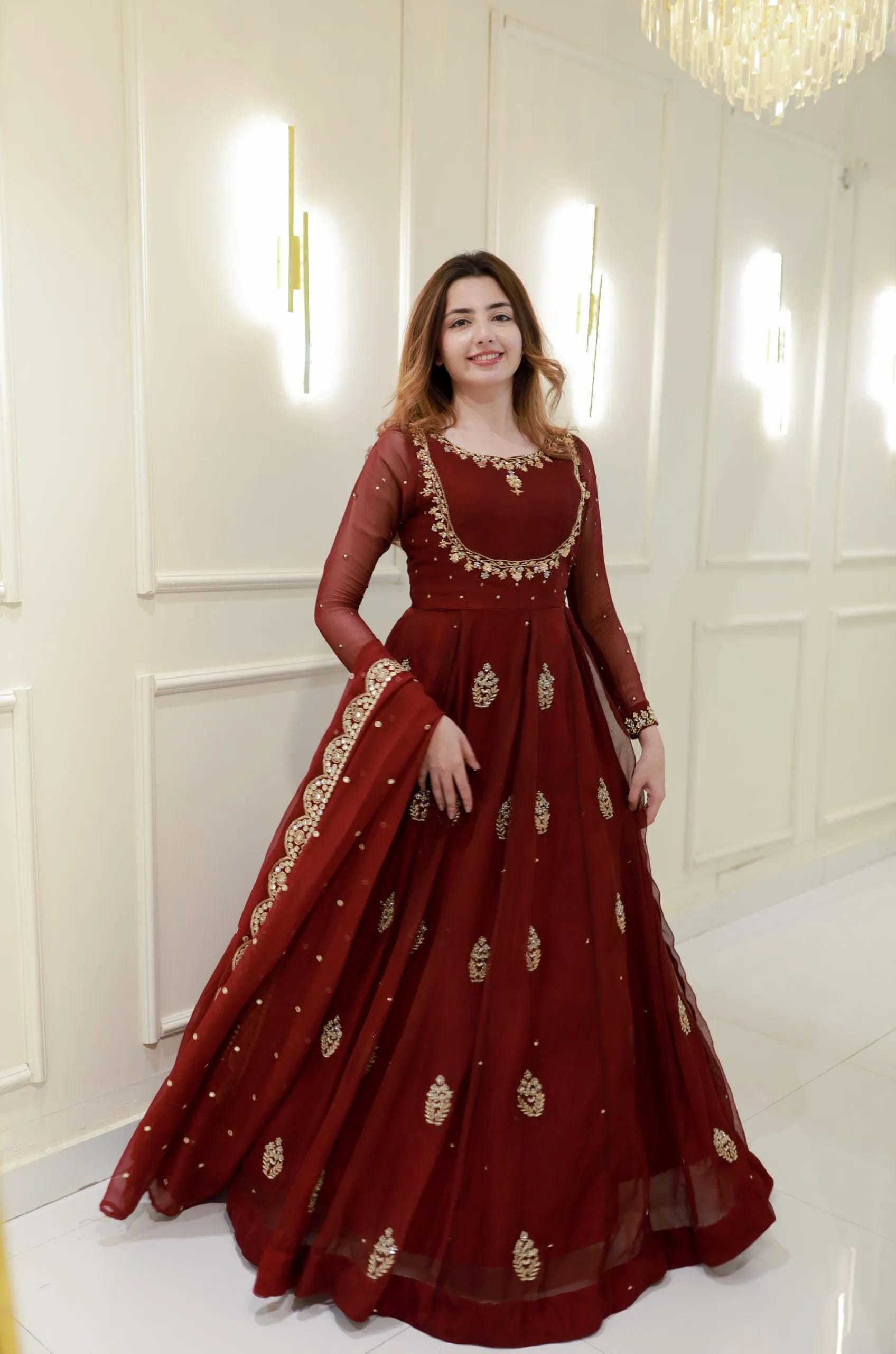 Maroon Designer Gown with Golden Embroidery & Dupatta