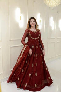 Maroon Designer Gown with Golden Embroidery & Dupatta