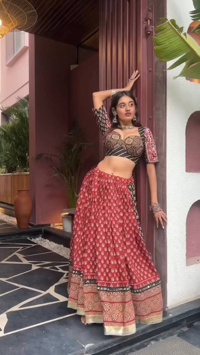 Maroon Mirror Work Lehenga Choli with Printed Dupatta