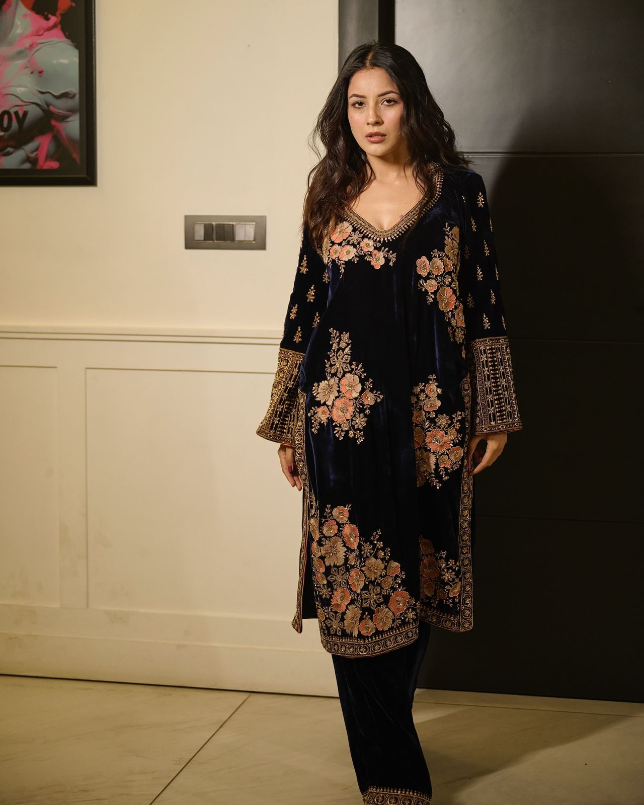 Shehnaaz Gill Velvet Suit Set | Embroidered Partywear Look