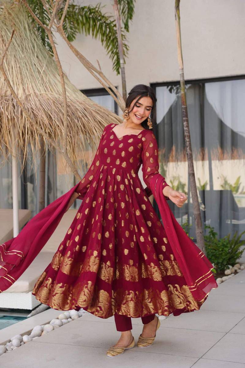 Jacquard Anarkali Suit with Dupatta – Elegant 3-Piece Ethnic Set