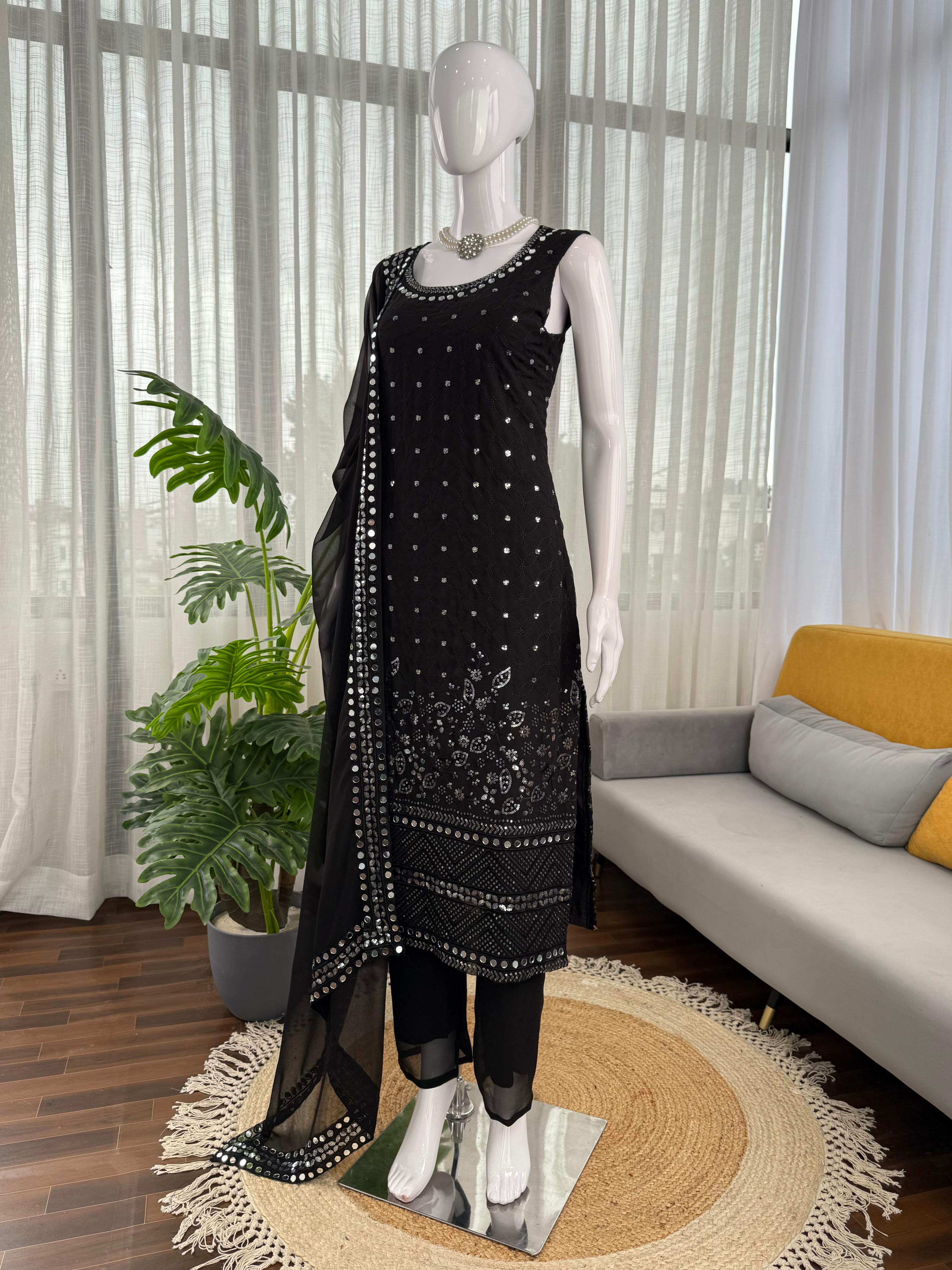 Designer Georgette Suit Set with Real Mirror Work – Elegant 3-Piece Outfit