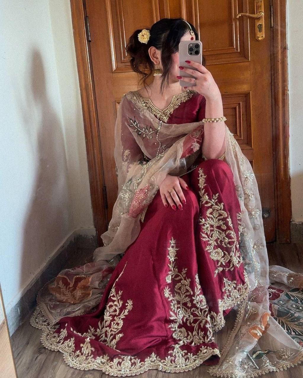 Designer Chinon Gharara Suit Set with Heavy Embroidery Work