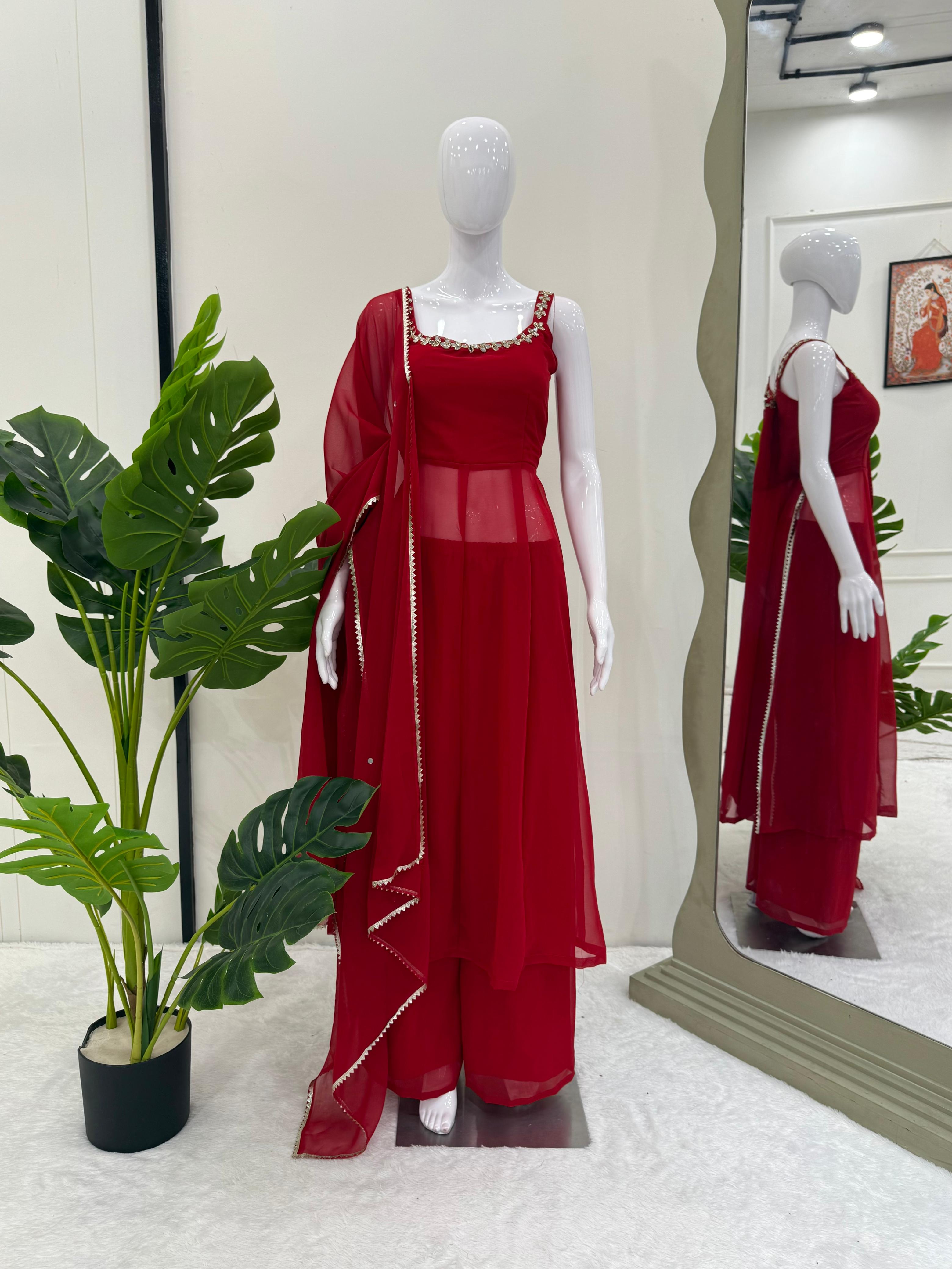 Trendy Palazzo Set with Mirror Work & Dupatta for Wedding Season