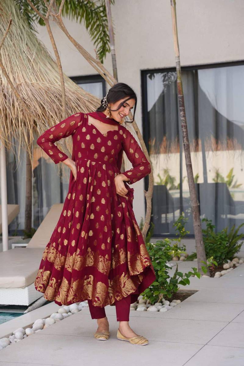 Jacquard Anarkali Suit with Dupatta – Elegant 3-Piece Ethnic Set