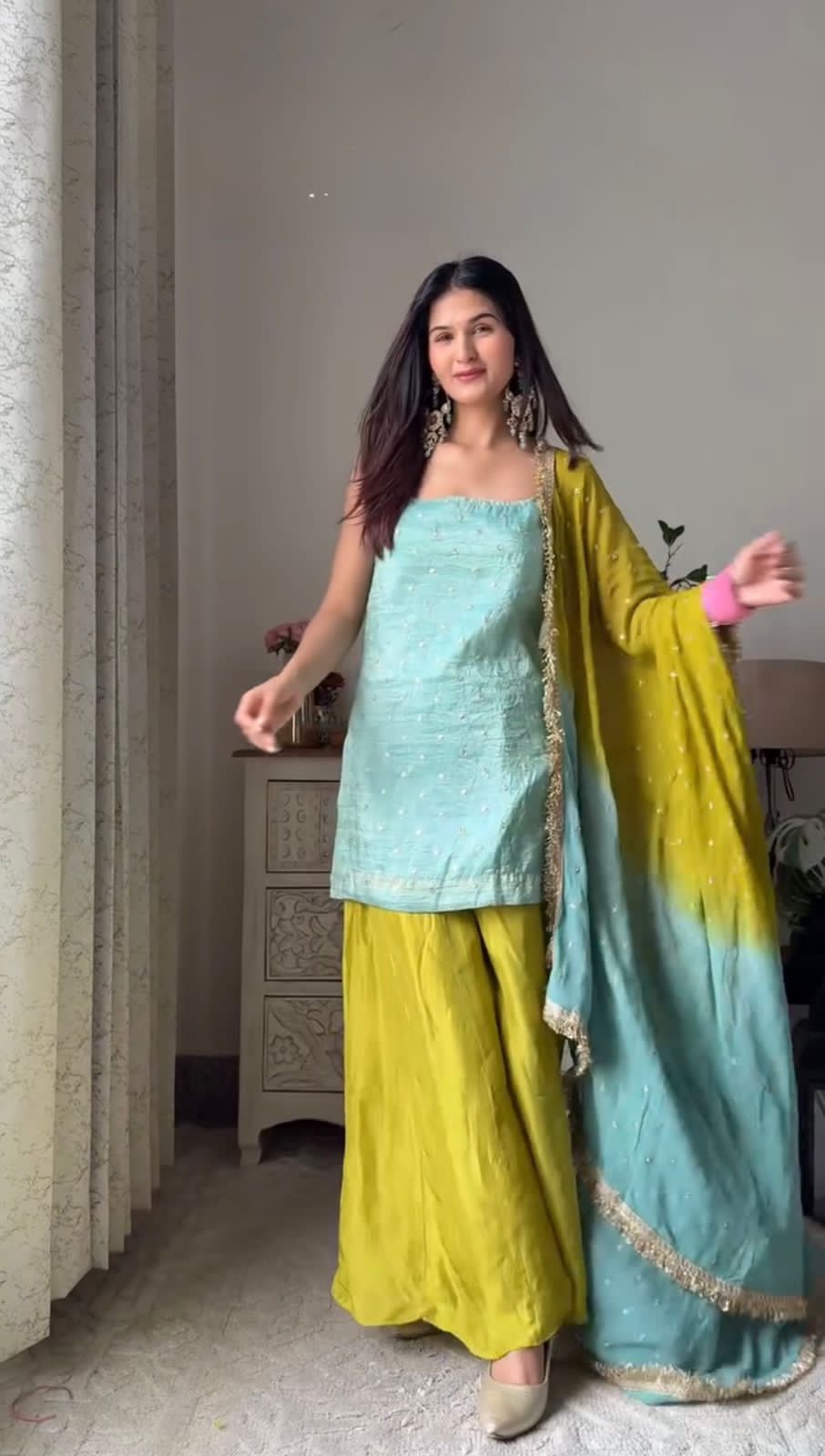 Elegant Chinon Silk Suit Set with Plazo & Dupatta – Party Wear Collection
