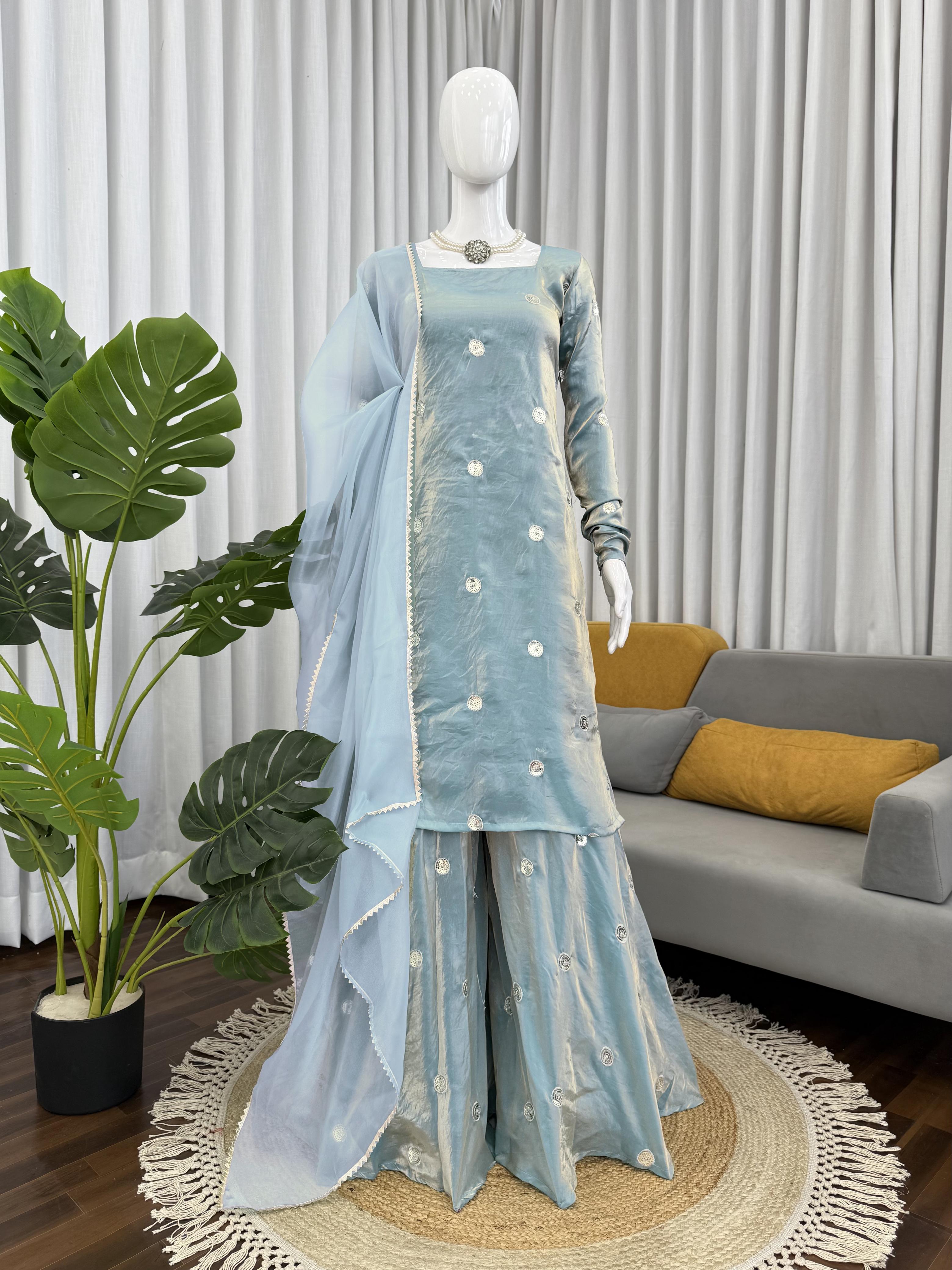 Stylish Fandy Silk Suit Set with Plazo & Dupatta – Festive Wear Outfit