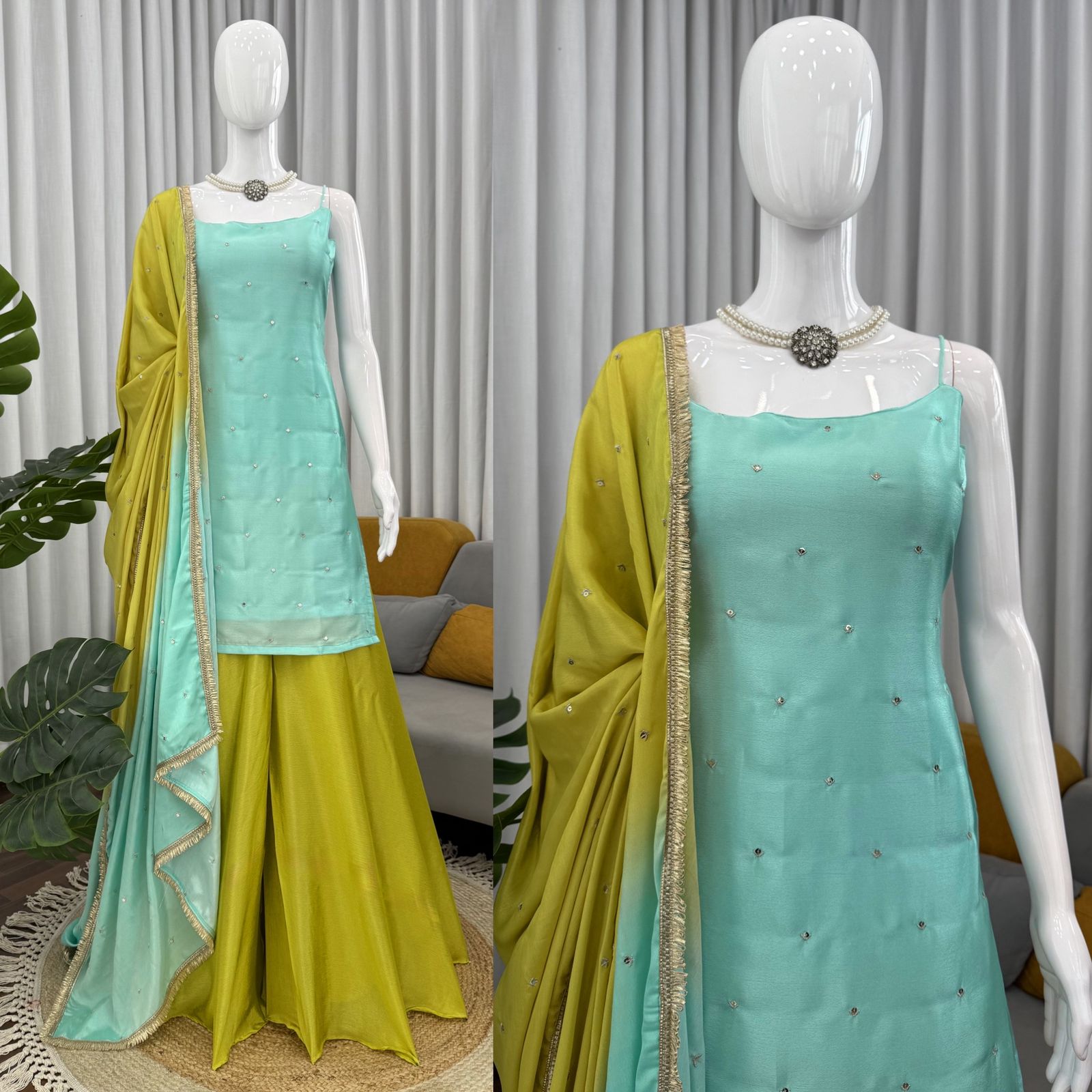 Elegant Chinon Silk Suit Set with Plazo & Dupatta – Party Wear Collection