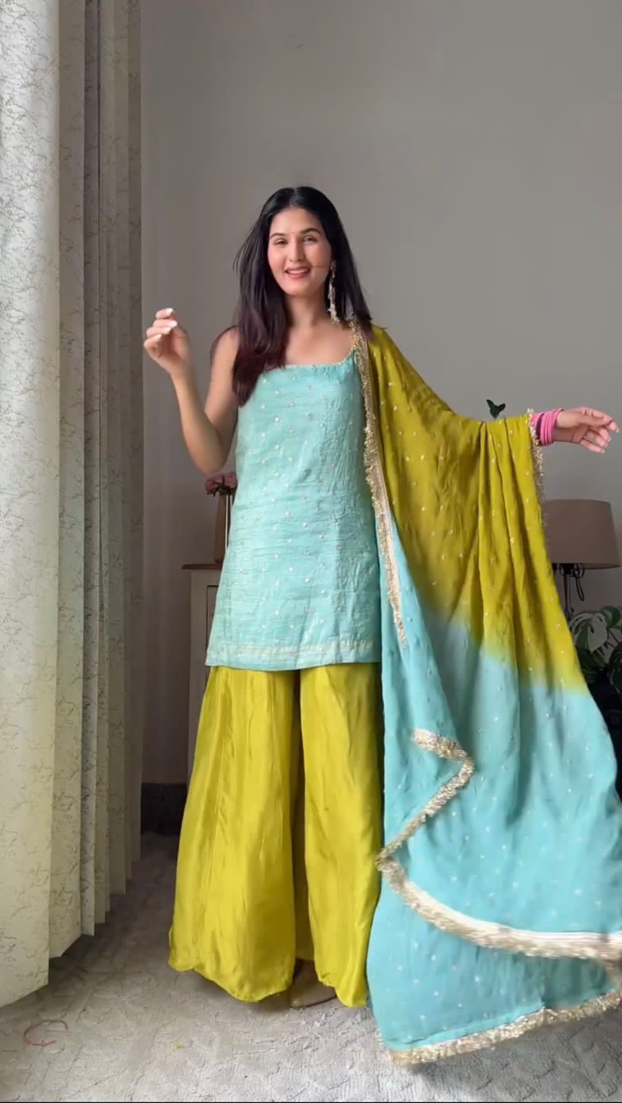 Elegant Chinon Silk Suit Set with Plazo & Dupatta – Party Wear Collection