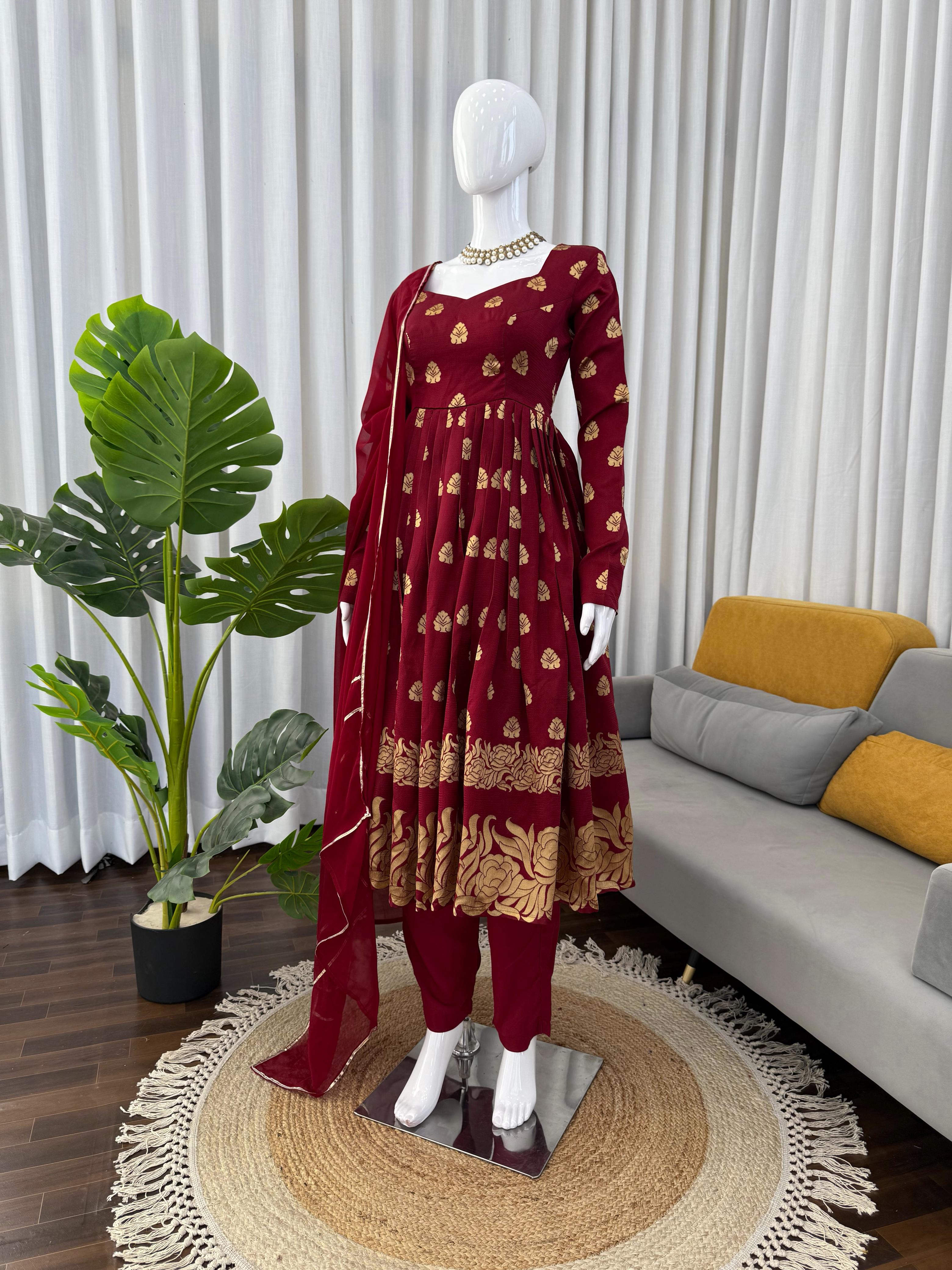Jacquard Anarkali Suit with Dupatta – Elegant 3-Piece Ethnic Set