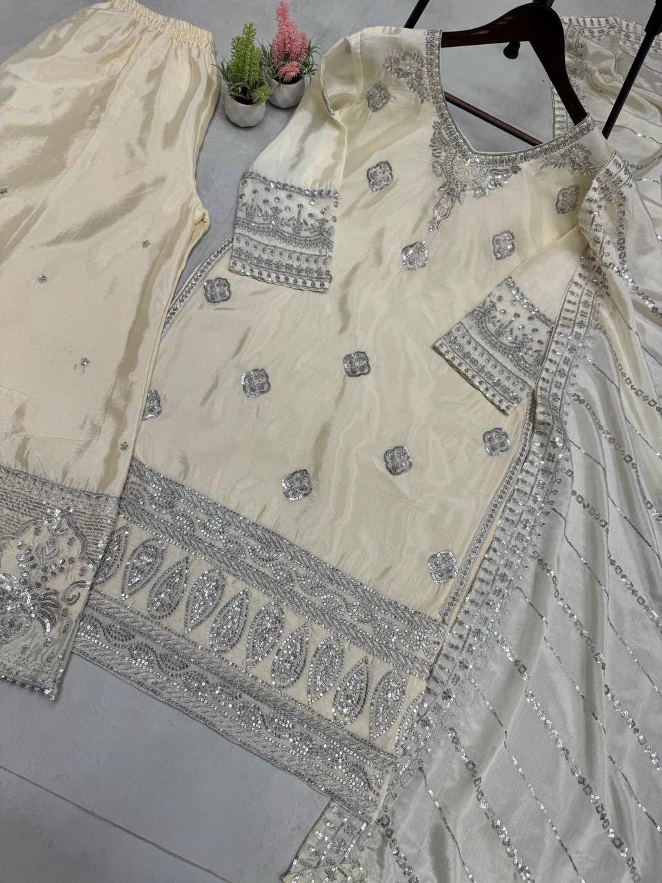 Premium Chinon Sequin Embroidered Sharara Set – Eid Special | Top, Pants & Dupatta