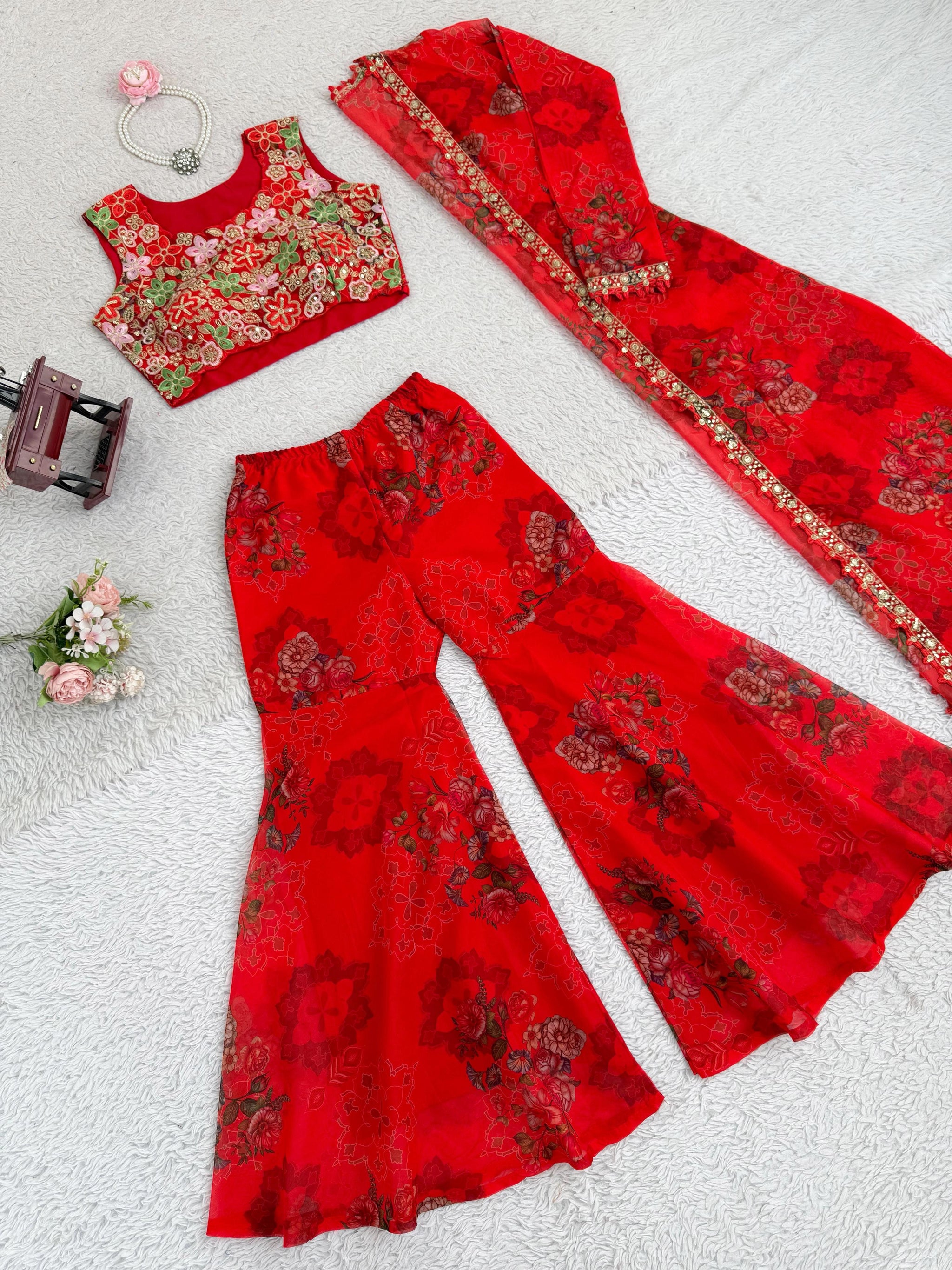 Tibby Silk Sharara Set with Shrug & Blouse – Designer Party Wear for Women